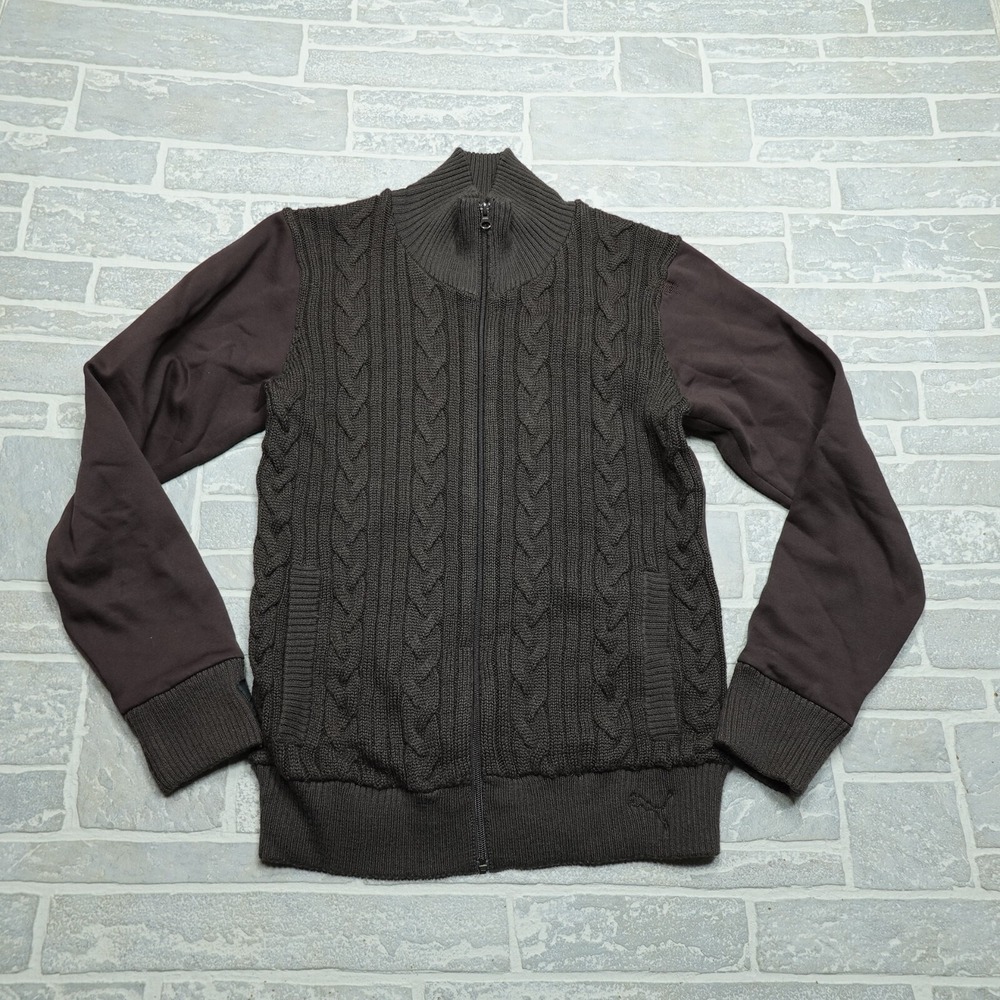 Puma Hybrid Wool Blend Sweater Womens M Brown Cable Knit Full Zip Sweatshirt